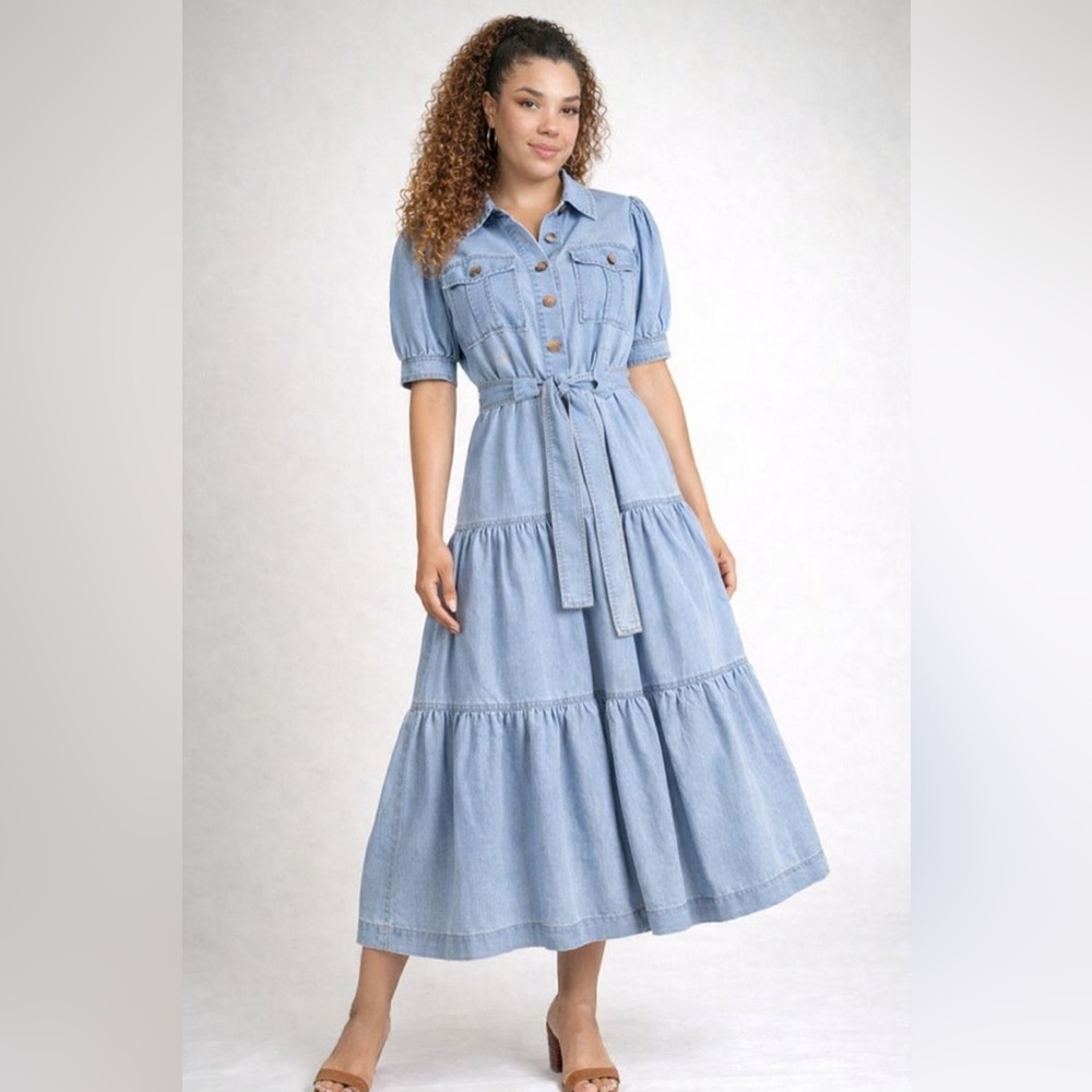 Elan Blue Denim Western Cowgirl Layered Maxi Belted Pocket Cotton Dress Small - Picture 1 of 9